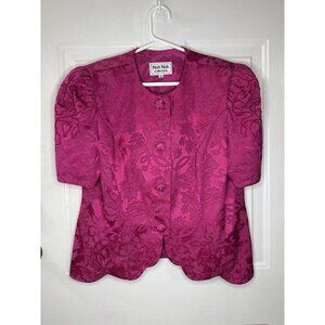 VINTAGE 80'S Barbie Pink Brocade Top Embroidered Beaded Puff Sleeve Sz 16